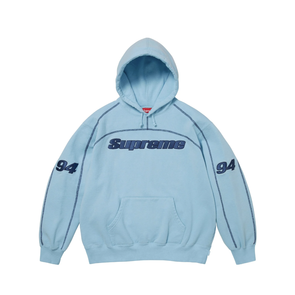 -(B2c03)-SUPREME OVERLOCK HOODED SWEATSHIRT FW25 94 車線 刺繡文字帽T 紅/藍/黑