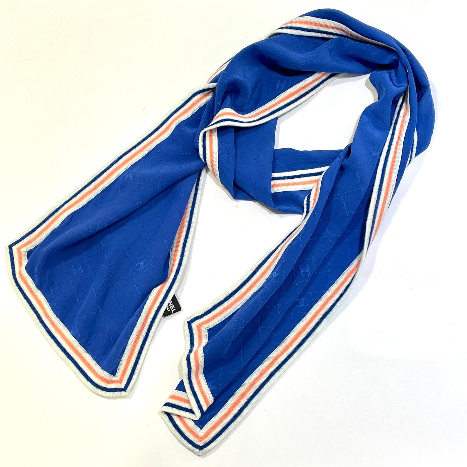 99%NEW 二手CHANEL圍巾 SILK SCARF 藍色刺繡雙C圖案絲巾 #香榭站正品