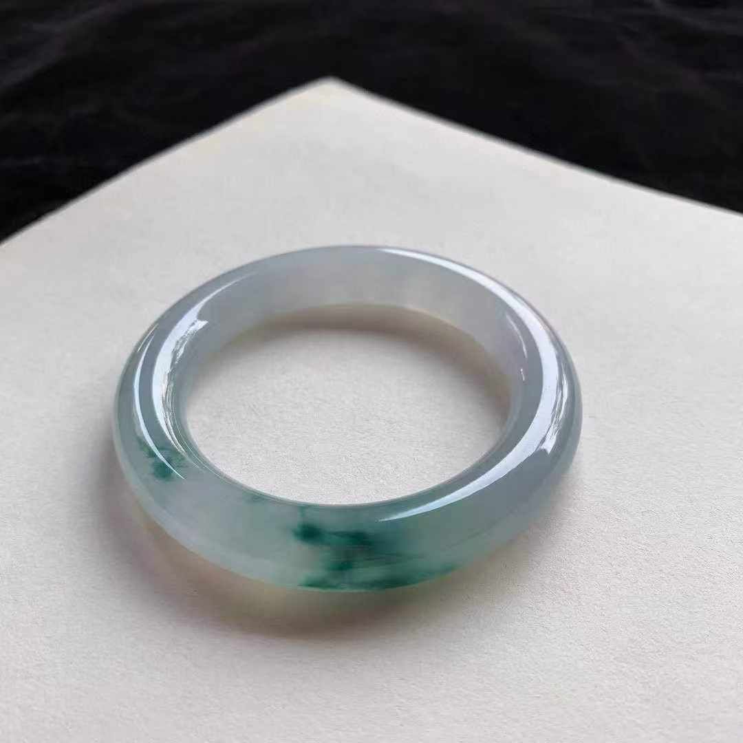 翡翠高冰飄花圓條手鐲,天然翡翠A玉, 緬甸玉, Jade, Jadeite