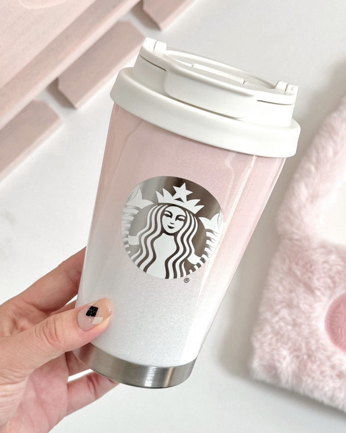 iSNEAKERS | STARBUCKS 星巴克 漸變粉 隨行杯 附毛毛杯套 380ML