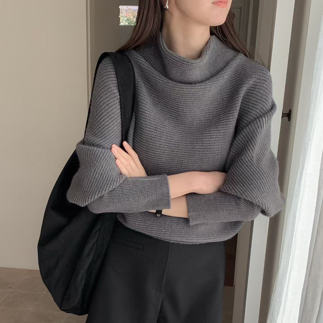 溫柔女子橫向織紋立領飛鼠袖毛衣 / 2色