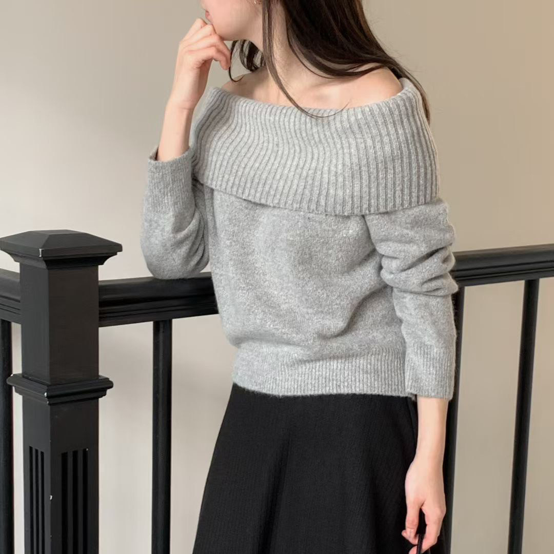 反摺螺紋露肩一字領針織上衣毛衣 / 2色