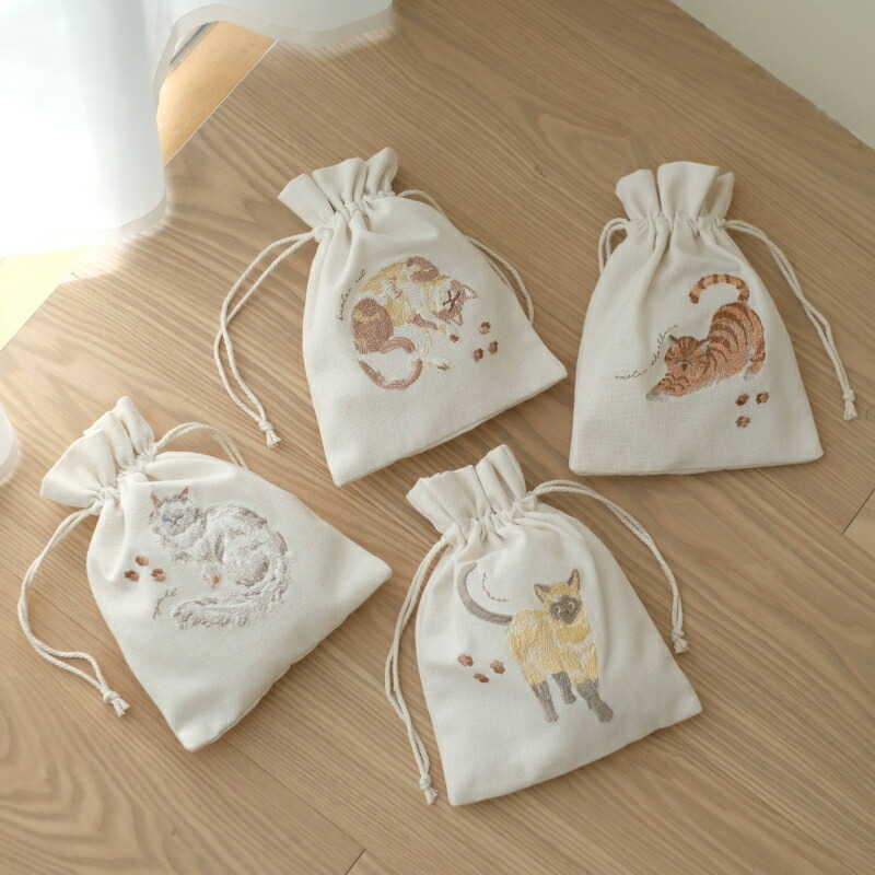 日本 ito& 貓咪 刺繡 帆布 化妝包 小物收納 束口袋