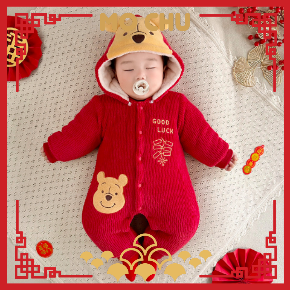 (73cm現貨)迪士尼-好運維尼加絨保暖連身衣(帽可拆)