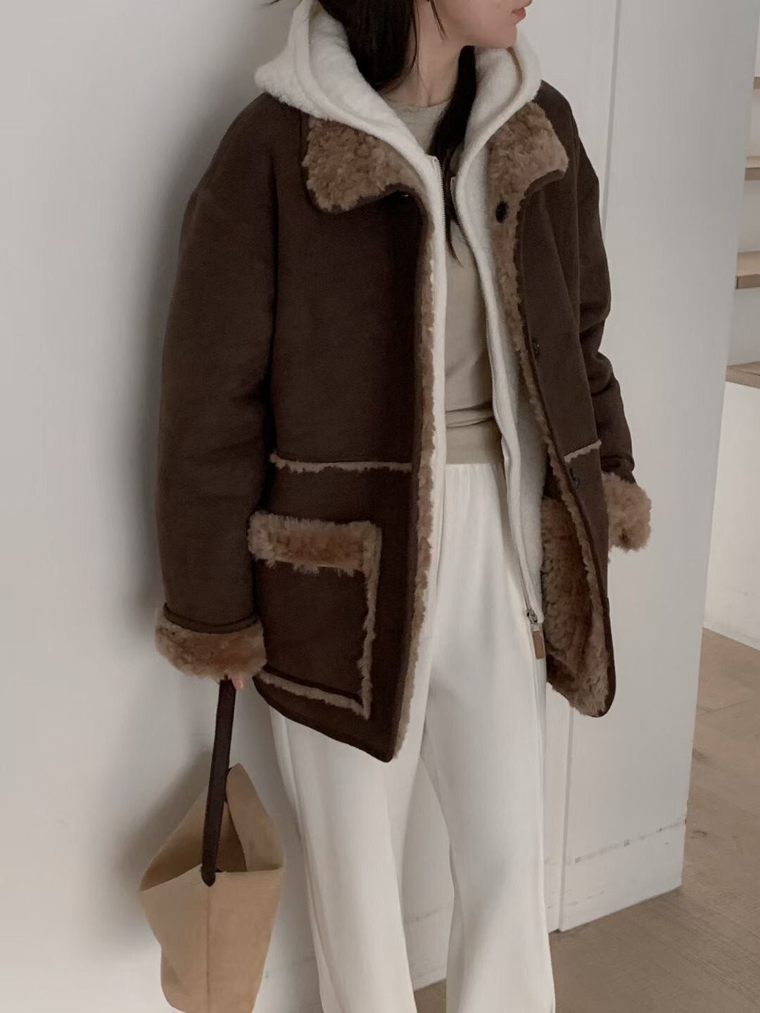 雙面穿配色QQ毛麂皮翻領排釦外套 / 2色