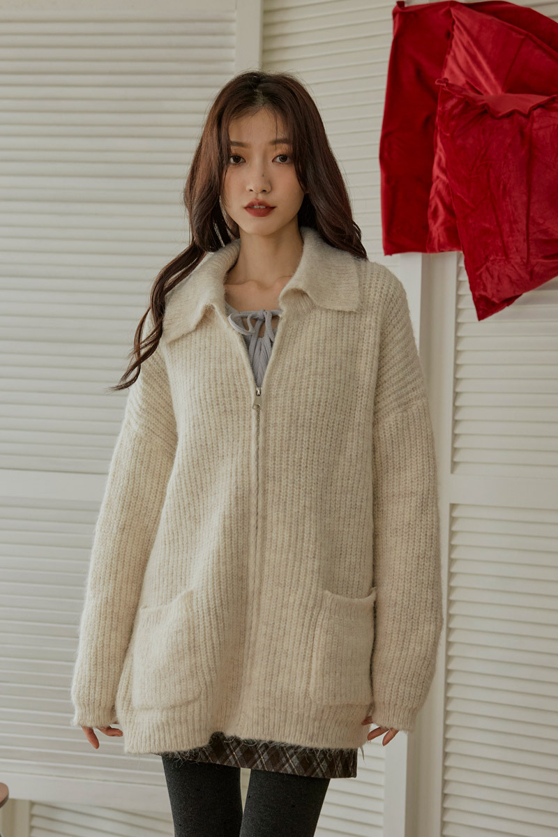 保暖翻領毛衣長版外套