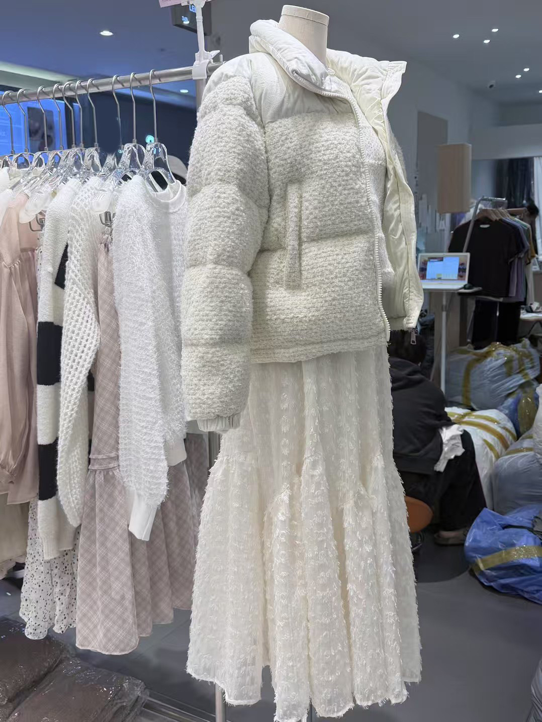 100%鵝絨拼接小香風軟呢立領拉鍊外套 / 2色