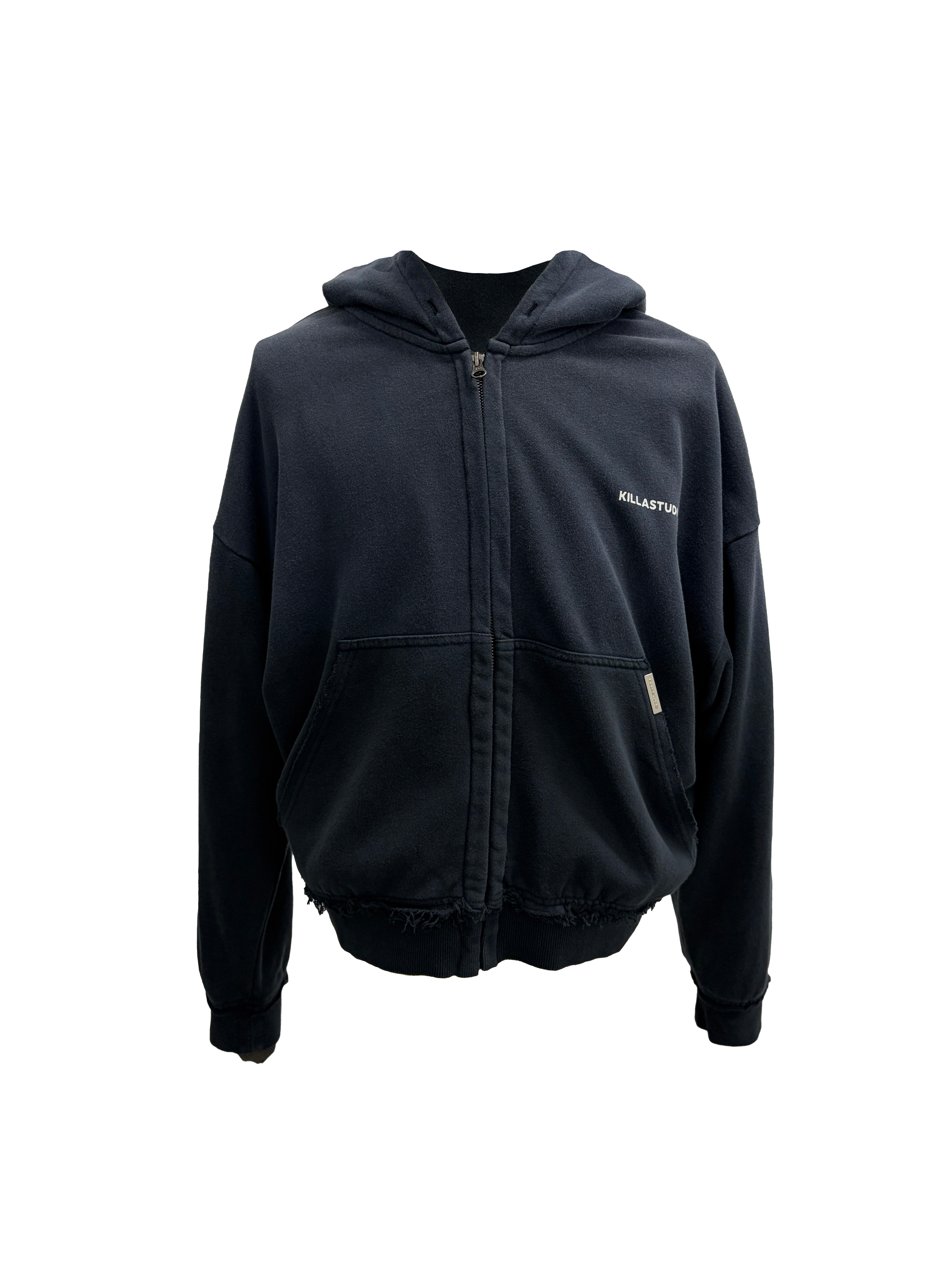 KILLASYSTEM 25F/W DAMAGE ZIP UP PARKA 短版 舊化 拉鍊帽TEE (深藍)