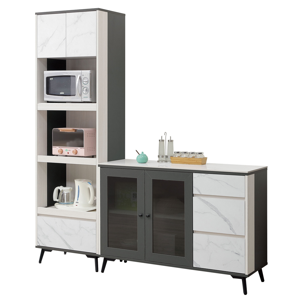 莫圖6尺岩板L型收納餐櫃組合(2尺高電器櫃+4尺碗盤置物矮櫃)