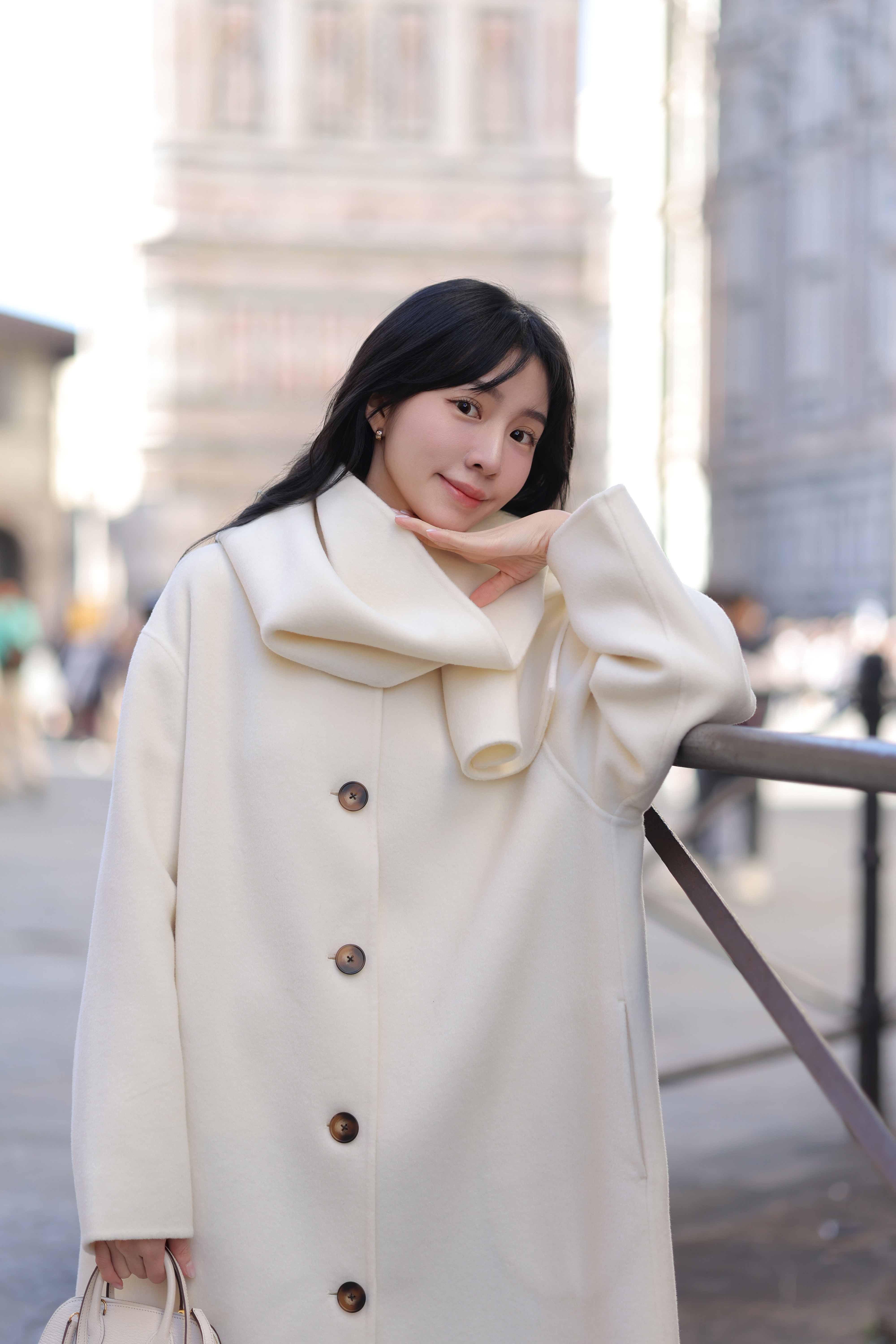 Gmade/100%羊毛 圍巾款 圓領落肩手工大衣-米白