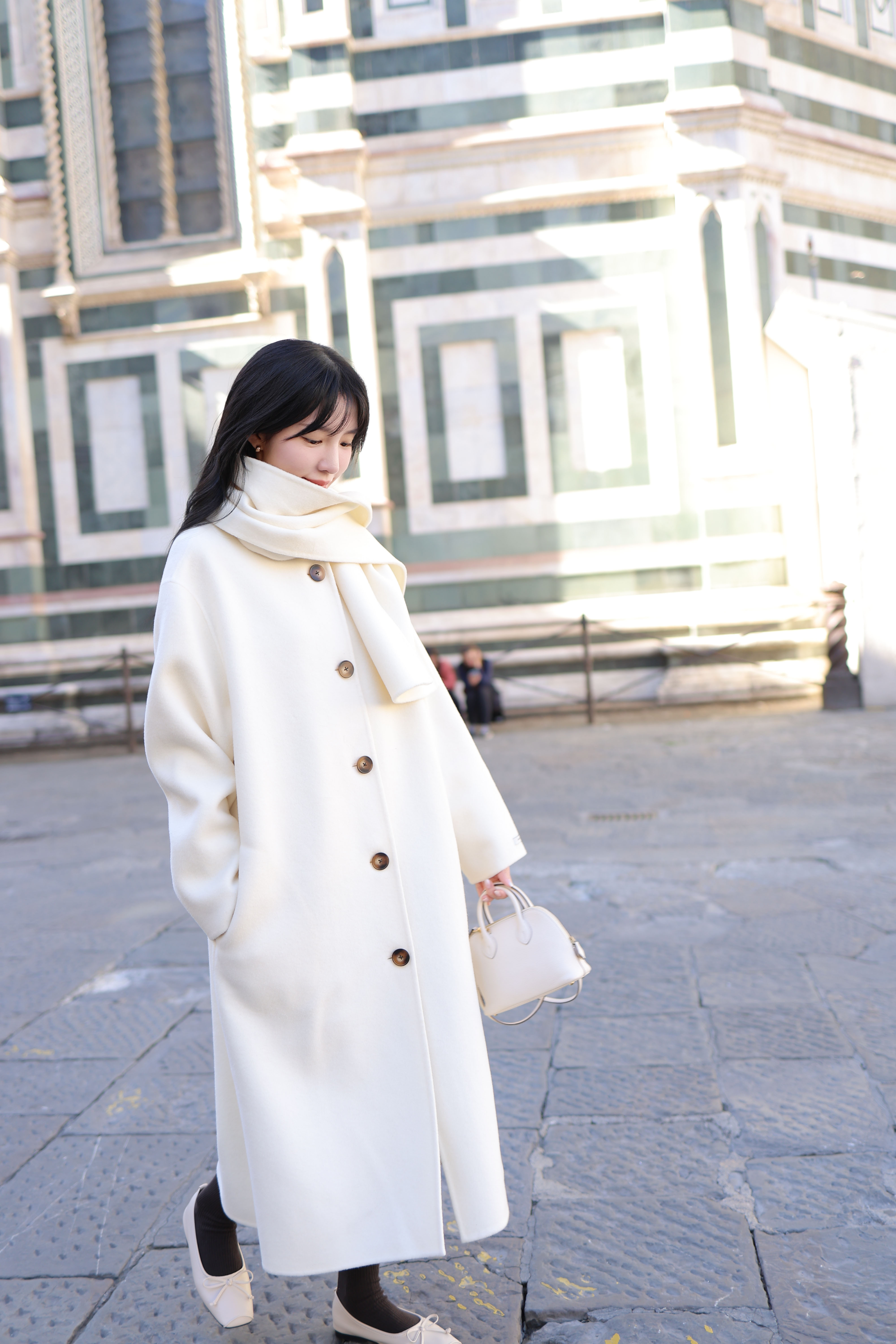 Gmade/100%羊毛 圍巾款 圓領落肩手工大衣-米白