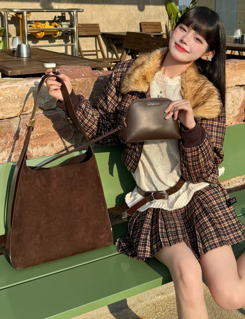 代購-CHARLES&KEITH 小ck 絨面大容量 子母托特包 單肩包 咖啡棕