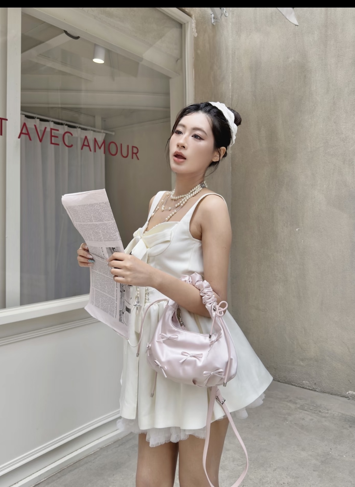 代購-<仙女包>CHARLES&KEITH 小ck  芭蕾風 蝴蝶結褶皺 斜挎小方包 手提包 淺粉色