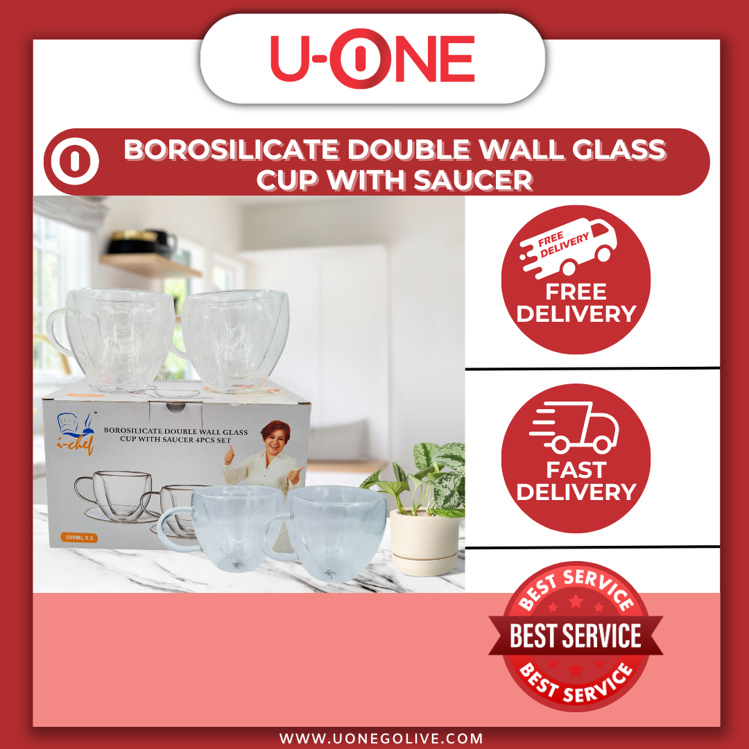 U-ONE | Korea | Dinnerware | Borosilicate Double Wall Glass Cup With Saucer | 300ml x 2pcs