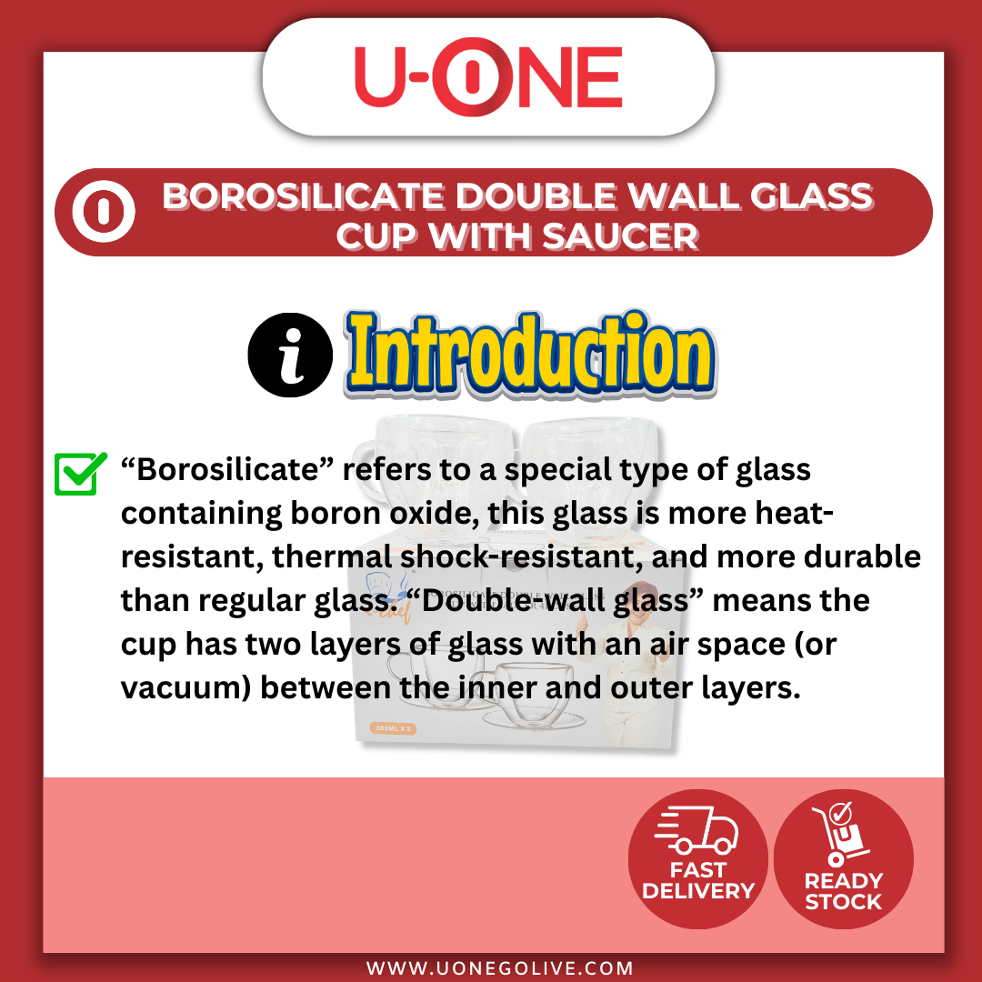 U-ONE | Korea | Dinnerware | Borosilicate Double Wall Glass Cup With Saucer | 300ml x 2pcs