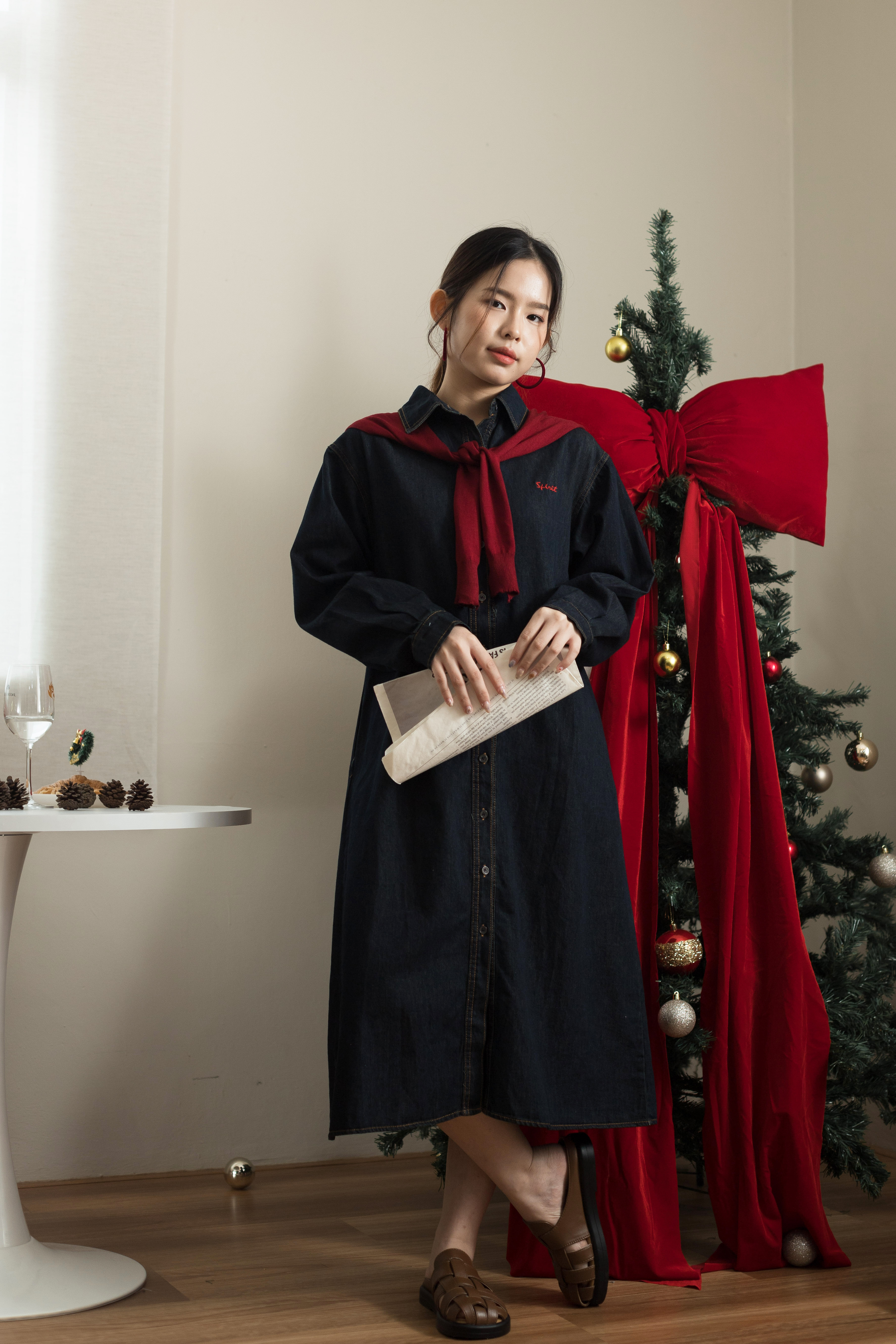 Joelle Embroidery Denim Dress Red (without scarf)-2592DLRED