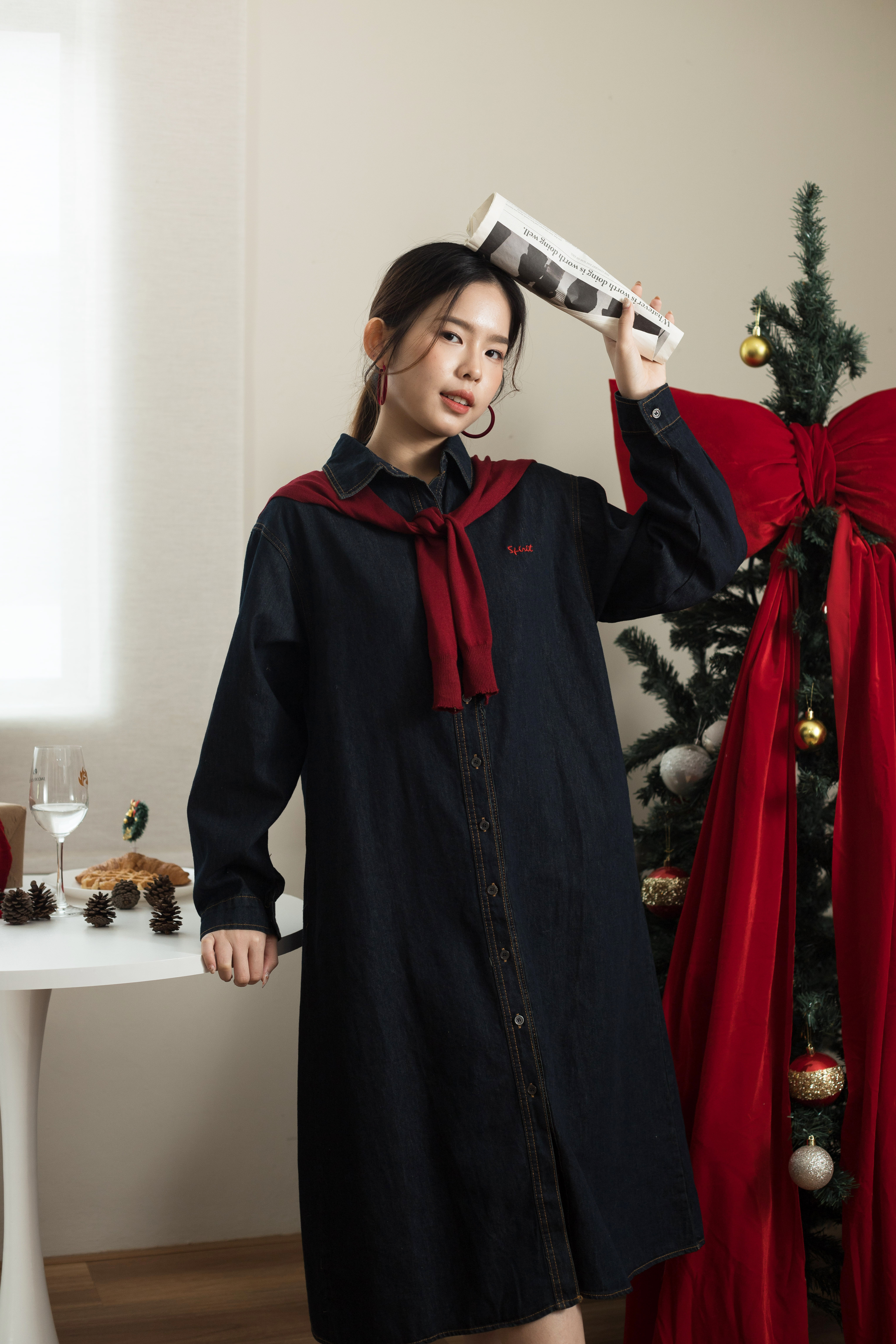 Joelle Embroidery Denim Dress Red (without scarf)-2592DLRED