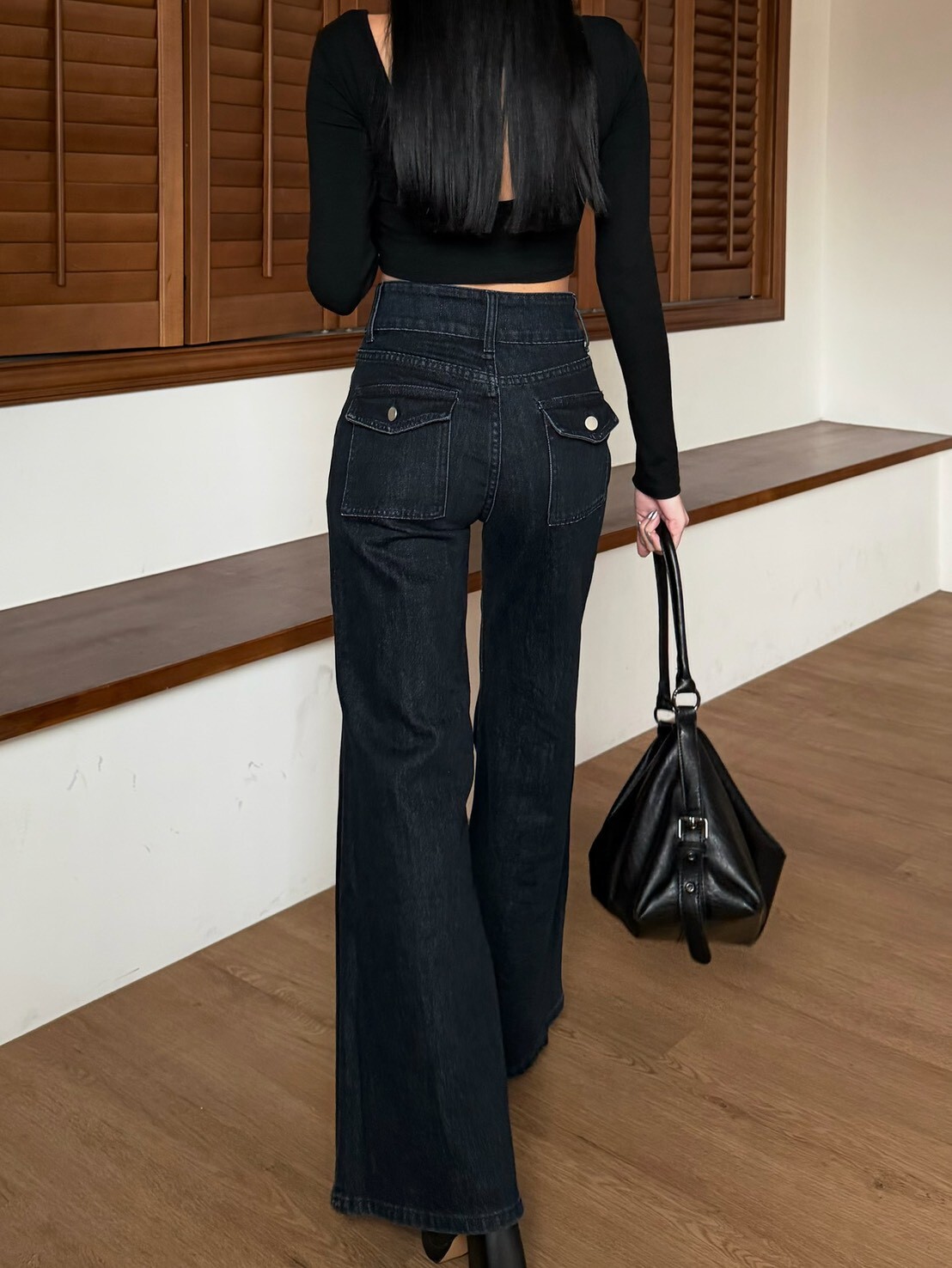 雙釦高腰長腿微喇叭褲