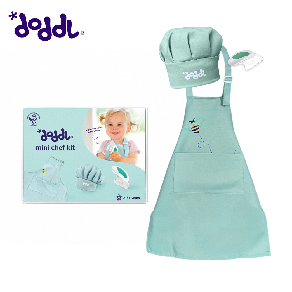 【doddl】英國秒拾餐具 - 兒童小廚師三件組禮盒 湖水綠 (含 廚師帽 / 圍裙 / 餐刀)