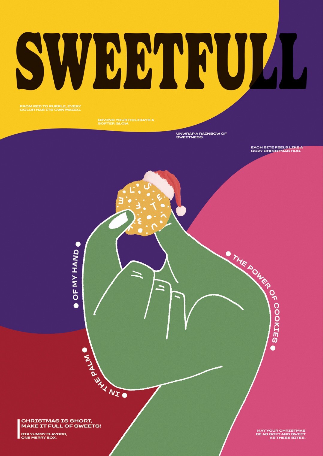 Sweetfull 聖誕彩虹迷你軟餅乾插畫主視覺，以繽紛色塊背景、插畫手部與戴聖誕帽的迷你餅乾呈現節慶氛圍。