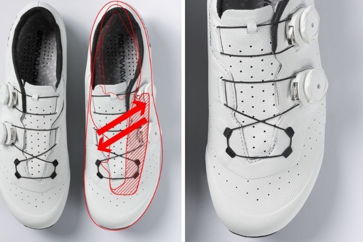 Northwave Extreme Plus Underlap 鞋面重疊結構示意圖,呈現鞋面層次與貼合方向設計。