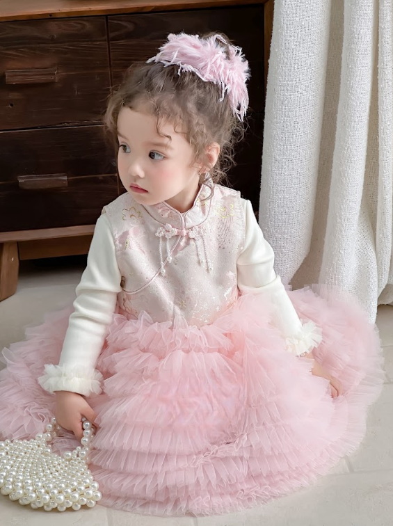 BYB12SE039PK  仙氣粉紗刺繡國風拼布蓬蓬背心裙連打底套裝