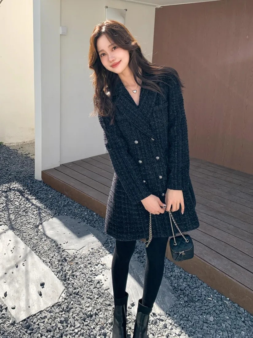 小香風軟呢雙排釦V領收腰傘擺短洋裝-S-M / 2色 (Elegant & Love)