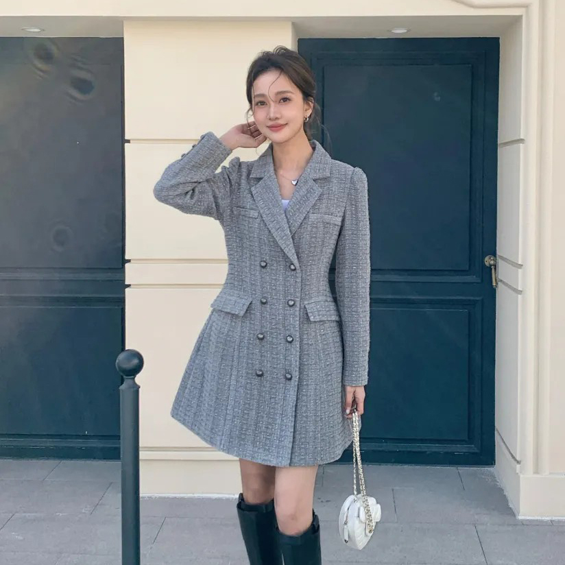 小香風軟呢雙排釦V領收腰傘擺短洋裝-S-M / 2色 (Elegant & Love)