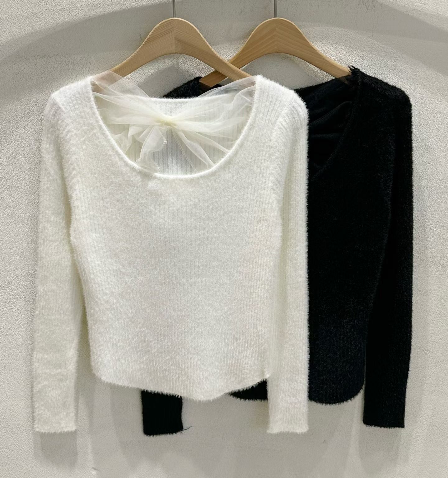 SU5363 蝴蝶結紗質拼領羊毛上衣