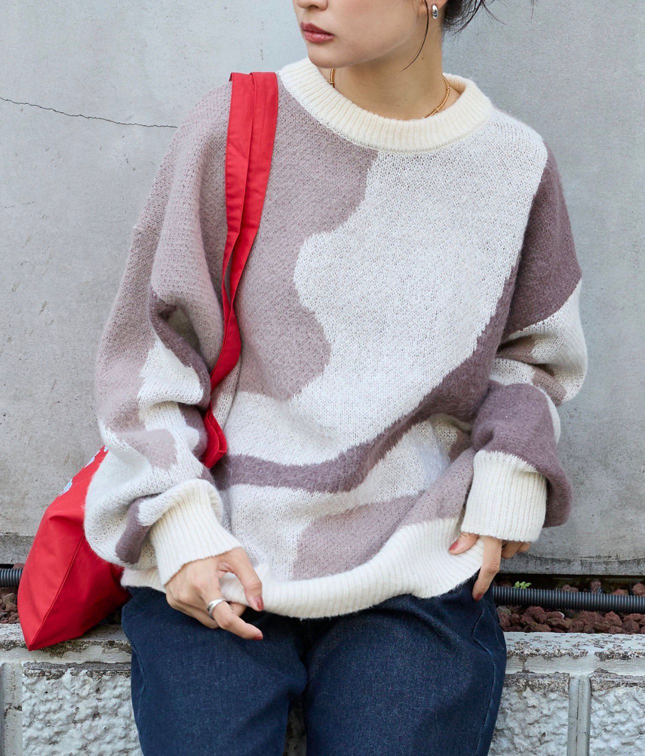 【預購】JN1211200 MONO-MART 馬海毛質感大理石紋超大圓領針織上衣