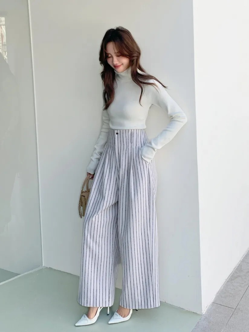 配色直條紋單釦高腰長腿直筒褲-S-M / 2色 (Elegant & Love)