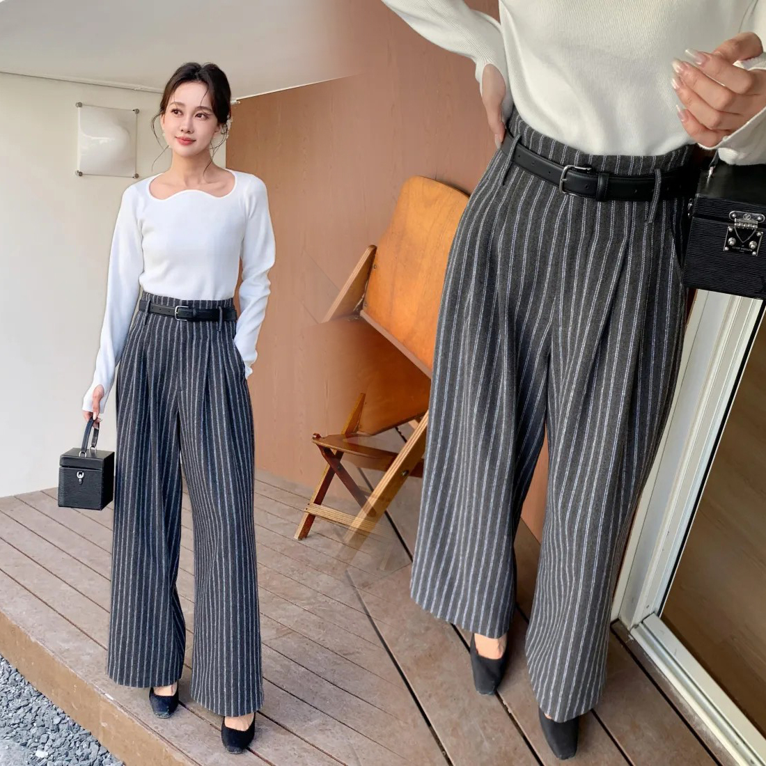 配色直條紋單釦高腰長腿直筒褲-S-M / 2色 (Elegant & Love)