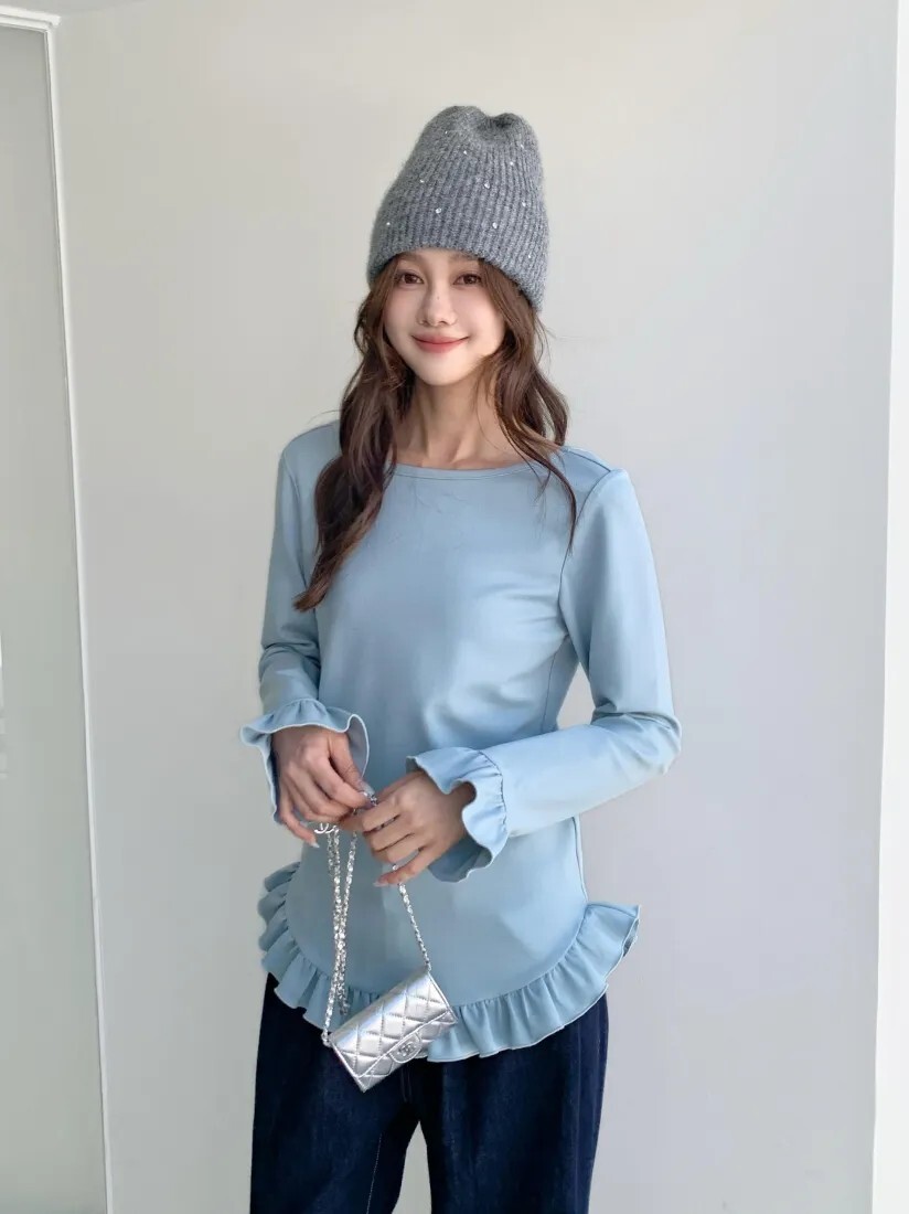 荷葉滾邊手袖下擺造型大U美背上衣-F / 3色 (Elegant & Love)