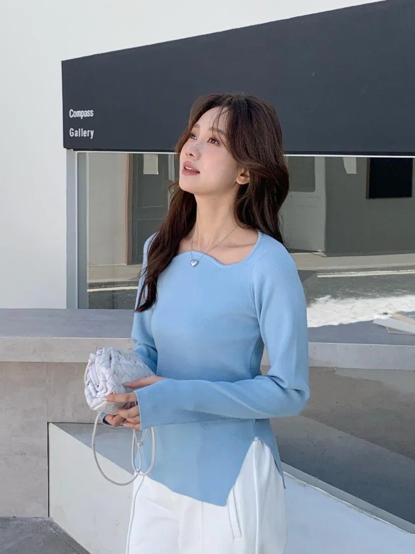 獨特圓弧感W領合身長袖上衣-F / 3色 (Elegant & Love)