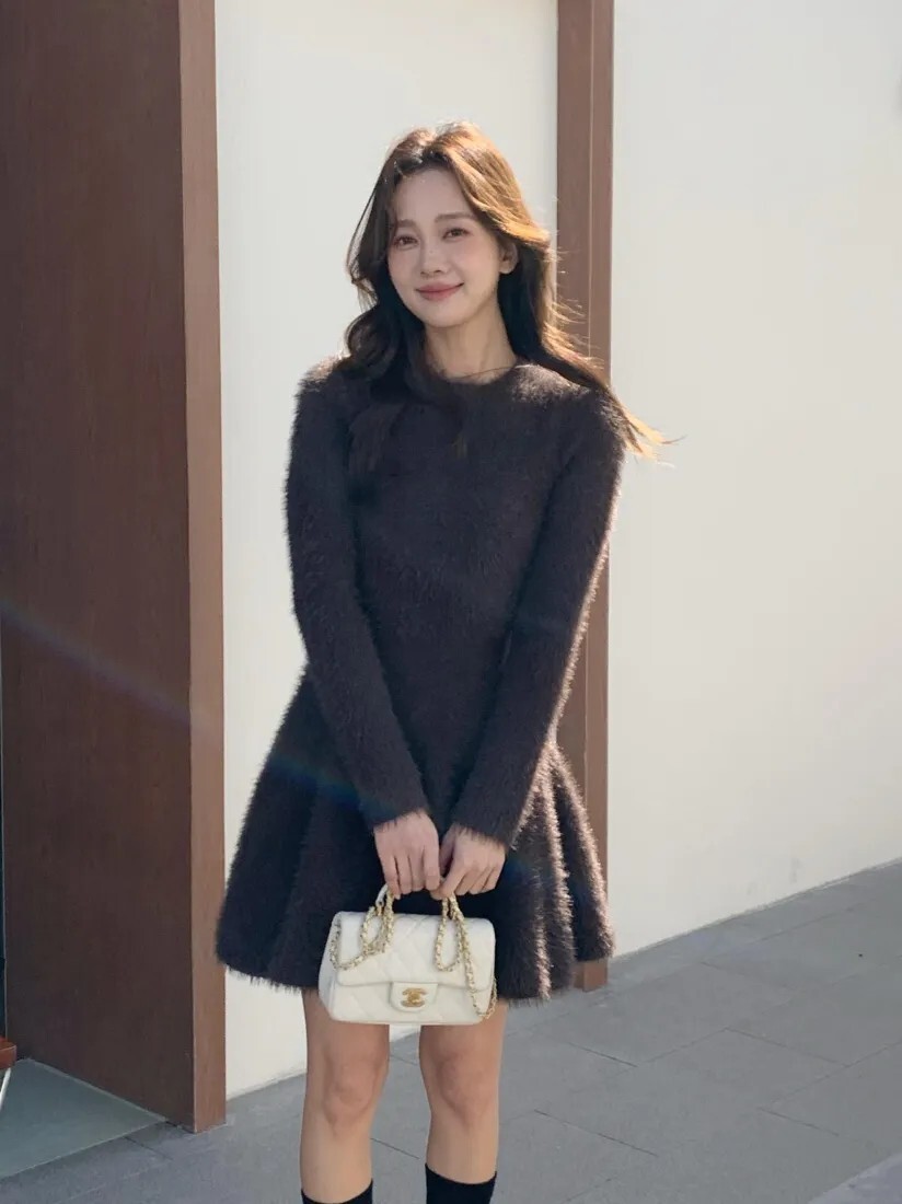 美背蝴蝶結造型馬海毛收腰傘擺短洋裝-F / 2色 (Elegant & Love)