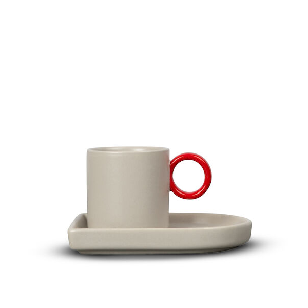 ByOn-Niki 濃縮咖啡杯組,米/紅色,特大尺寸的紅色杯耳設計使杯子整體變得格外特別鮮豔