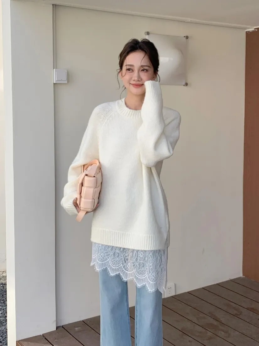 下擺拼接蕾絲造型羊駝毛圓領針織毛衣-F / 3色 (Elegant & Love)