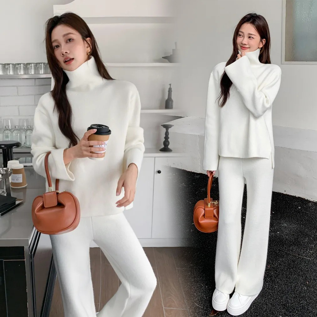 前短後長高領毛衣+合身針織褲SET-S-M / 2色 (Elegant & Love)