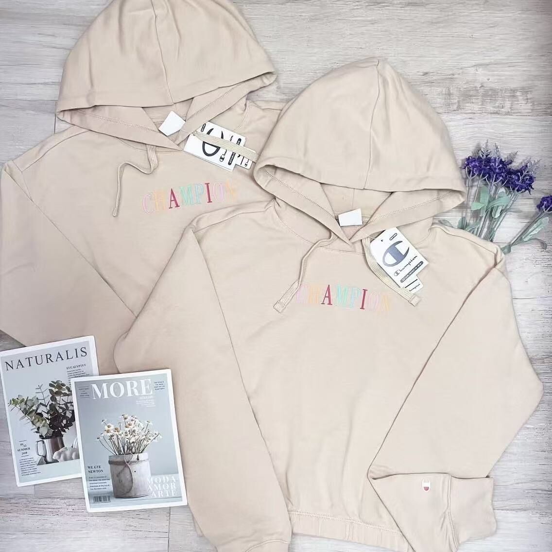 CHAMPION RAINBOW MIDDLE LOGO CROP HOODIES