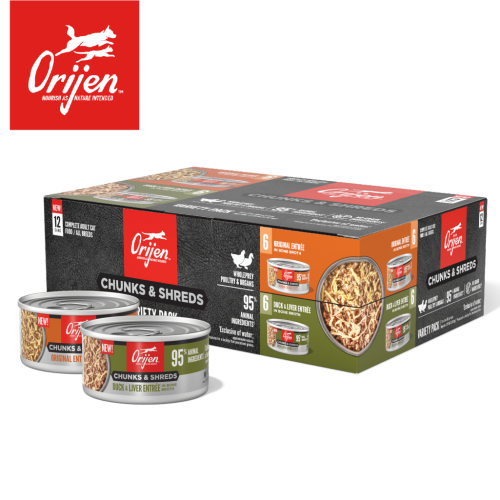 Orijen 渴望 - 奢華鮮肉 6原味雞魚6鴨主食12罐裝禮盒 Chunks & Shreds Original+Duck Package 85g x12罐