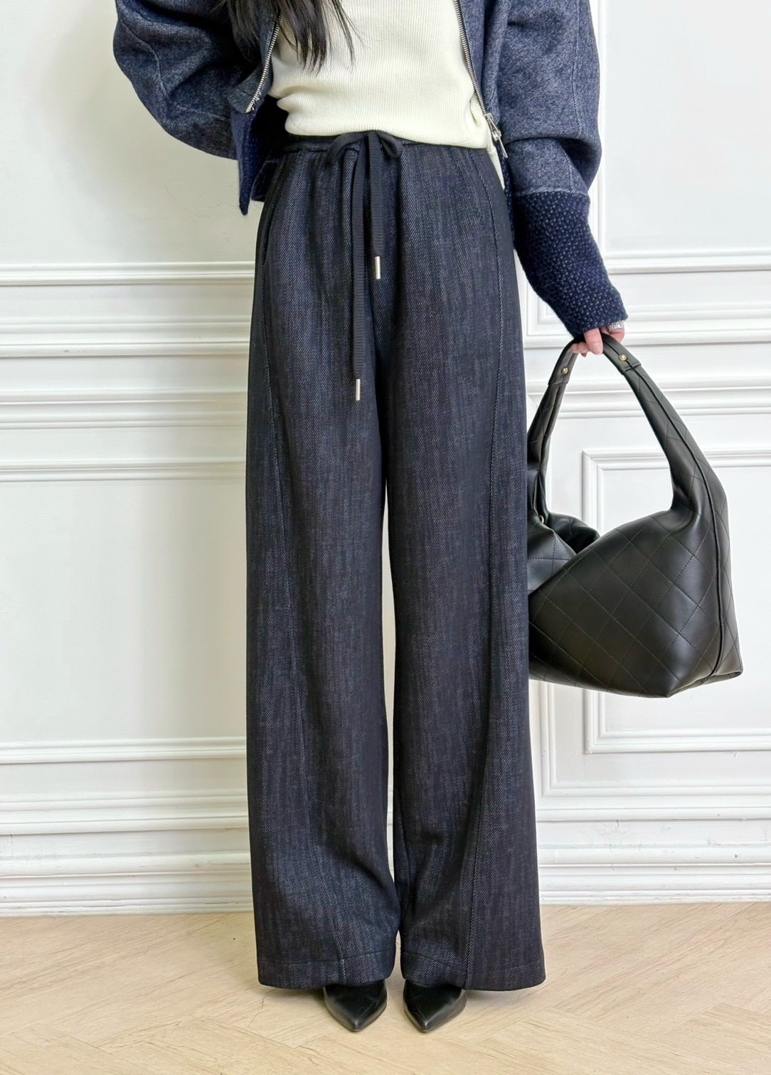 織紋毛料鬆緊腰抽繩長褲(刷絨)