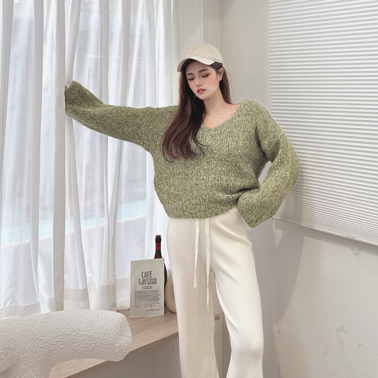 混織彩點泡泡袖針織毛衣/三色