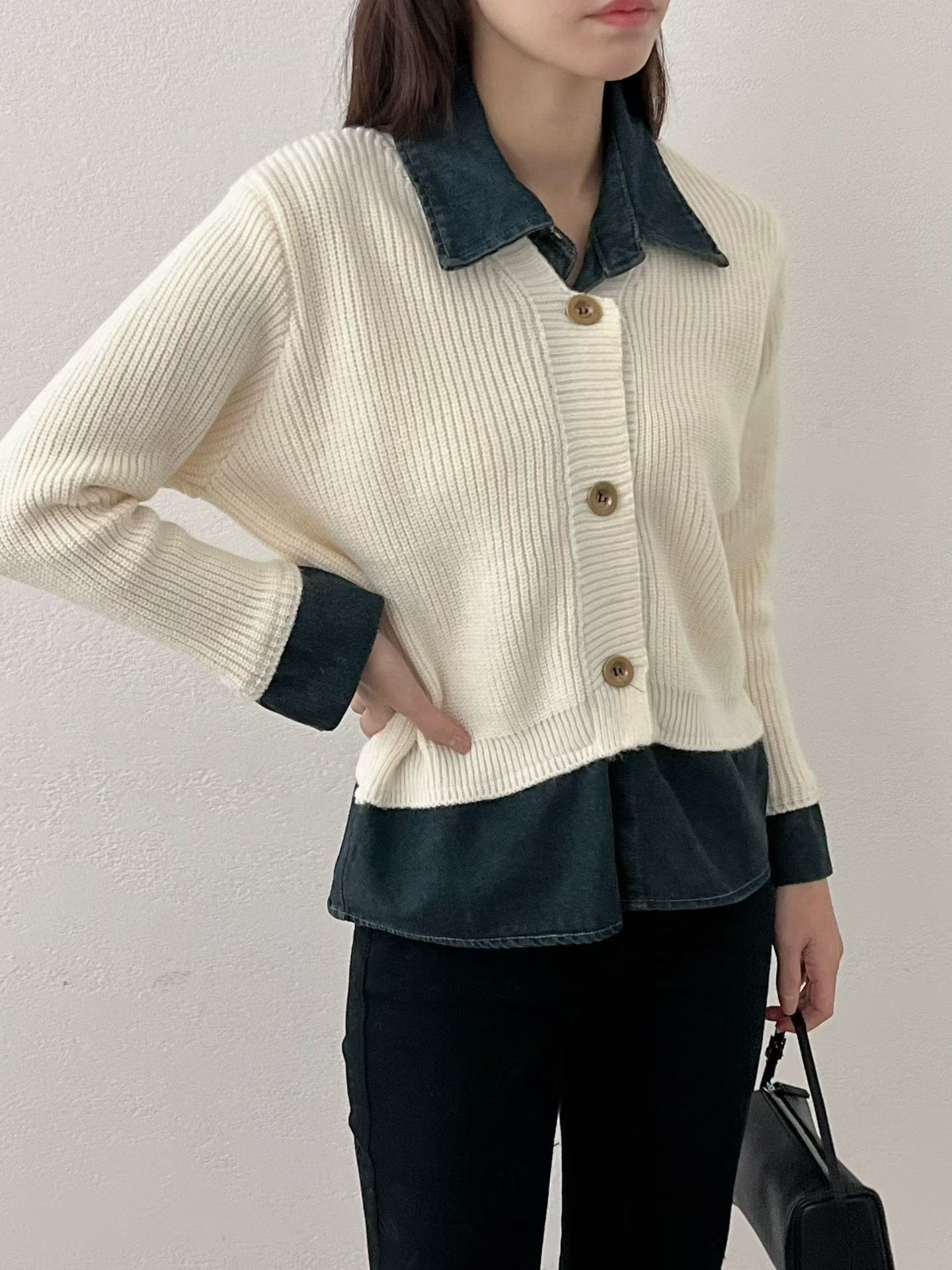 SU5302 假兩件牛仔拼針織外套