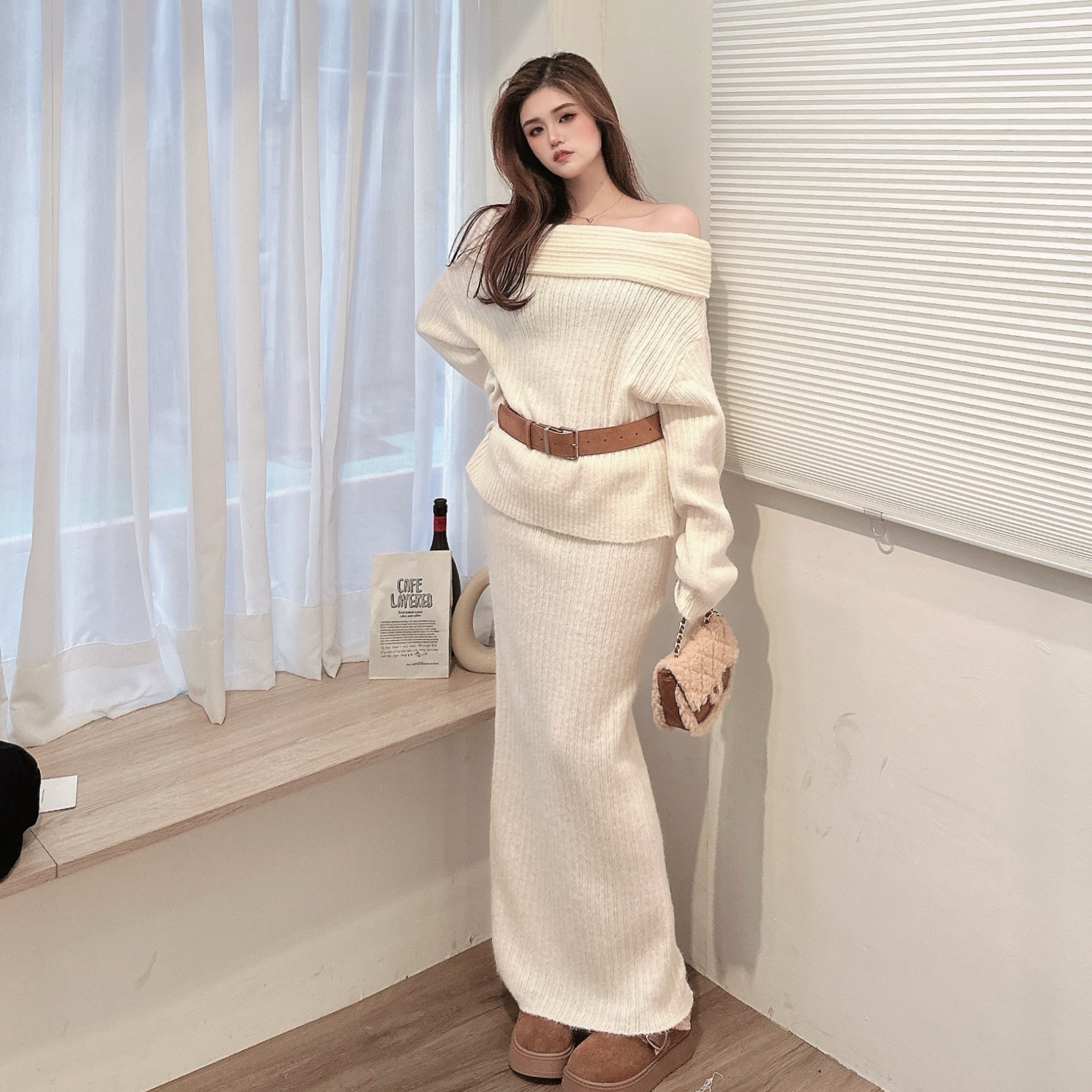 法式反摺一字領毛衣魚尾裙套裝/三色