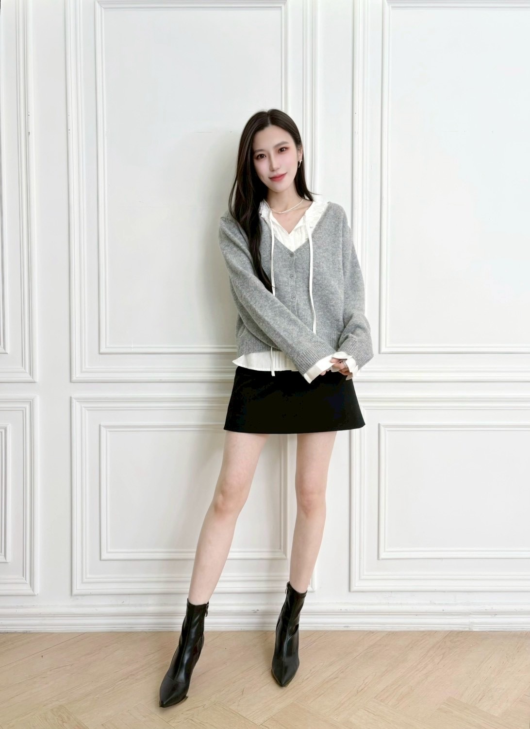 針織拼接綁帶荷葉領開襟衫