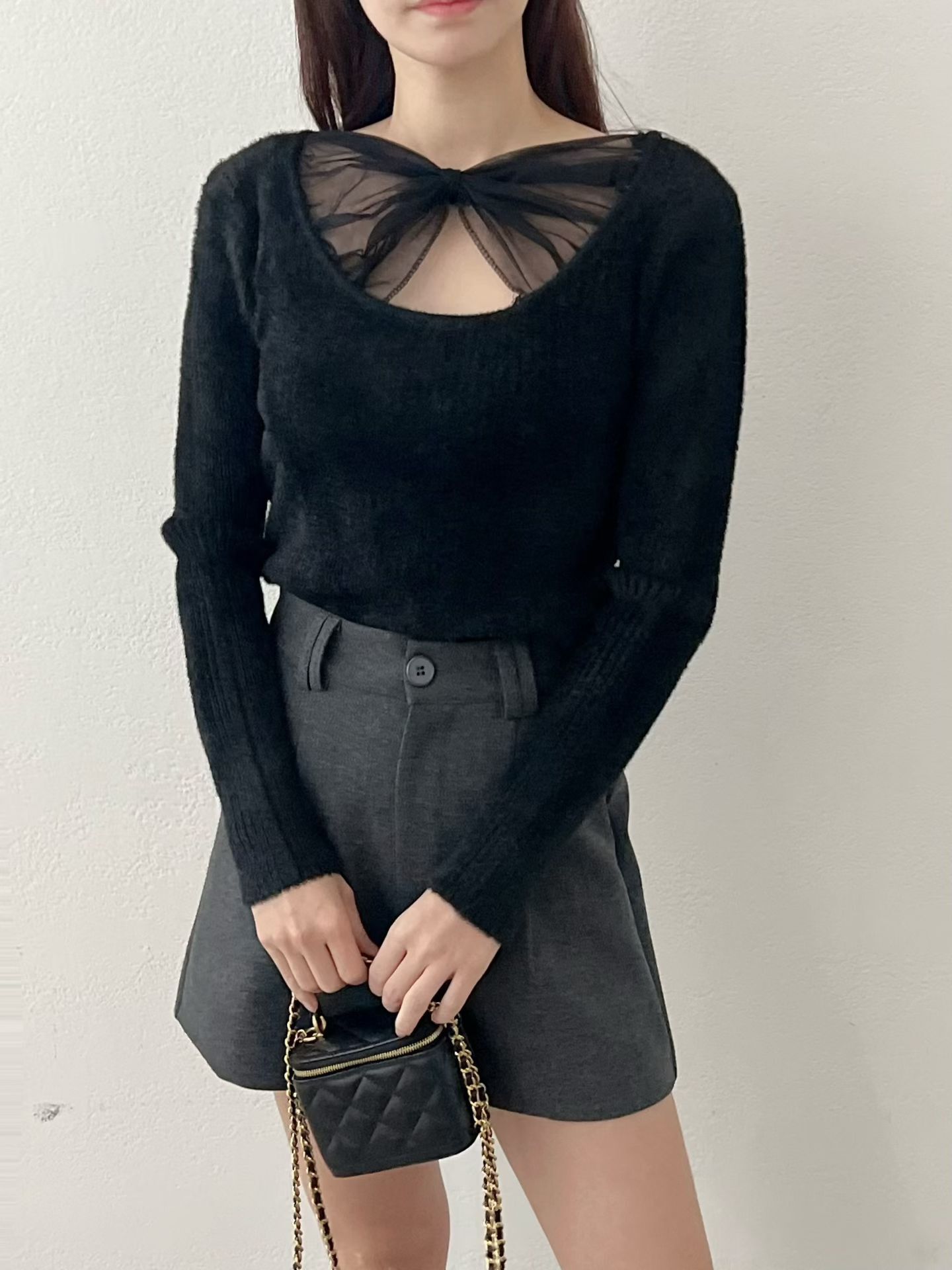 SU5363 蝴蝶結紗質拼領羊毛上衣