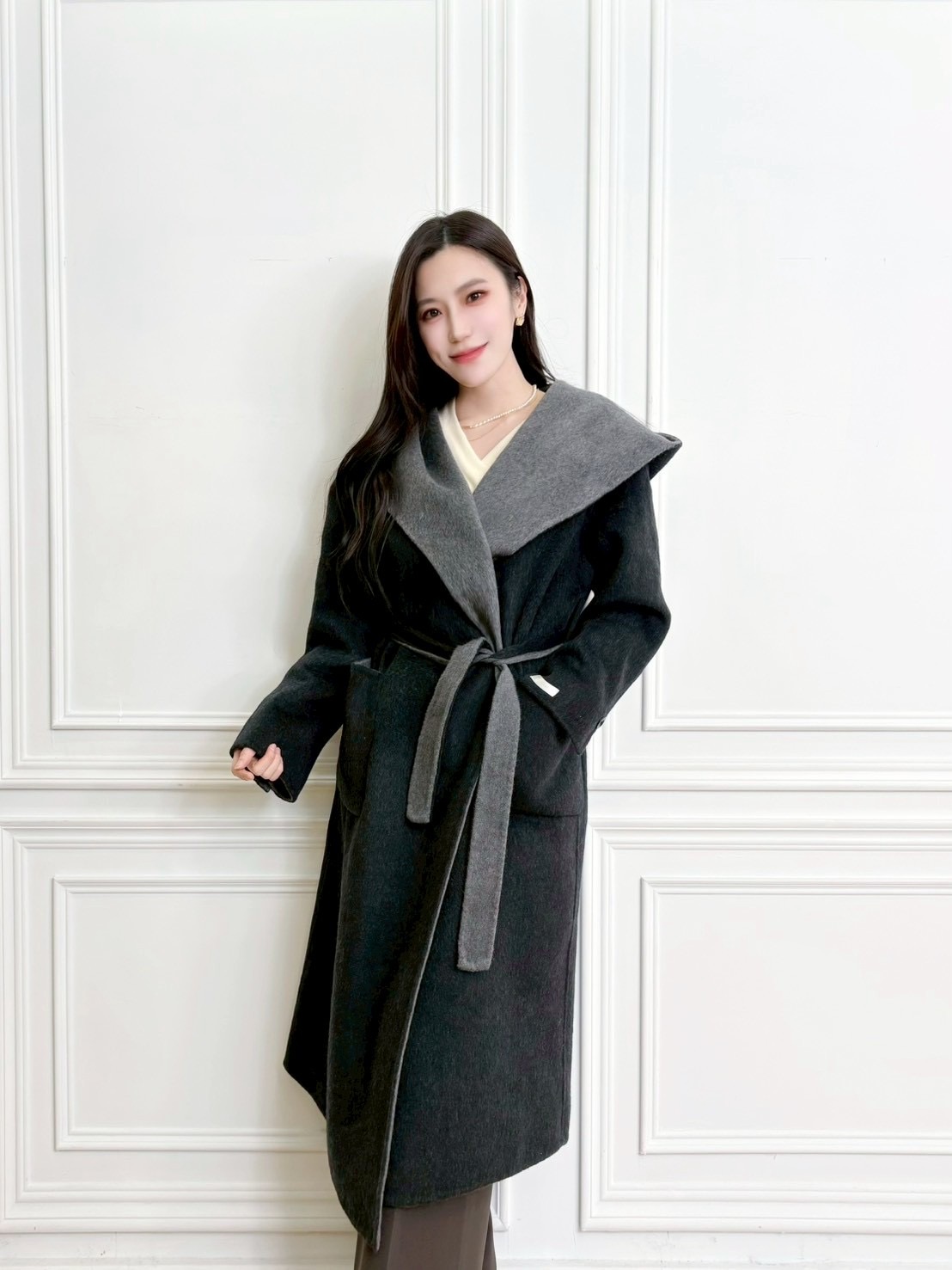 韓劇女主!撞色翻領保暖大衣(羊毛15%)