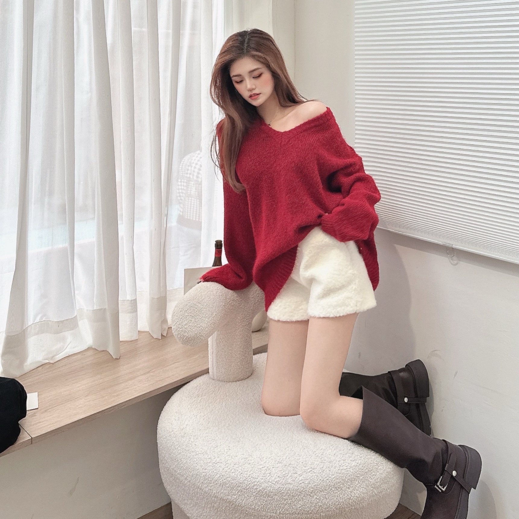 慵懶V領寬袖羊絨針織毛衣/四色