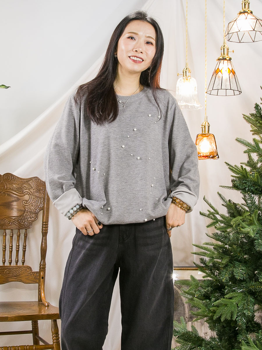 ⬇️開倉低至半價😱FINALSALE📣  前幅釘珍珠．下擺束繩．坑紋雙面料TOP【不設退換】