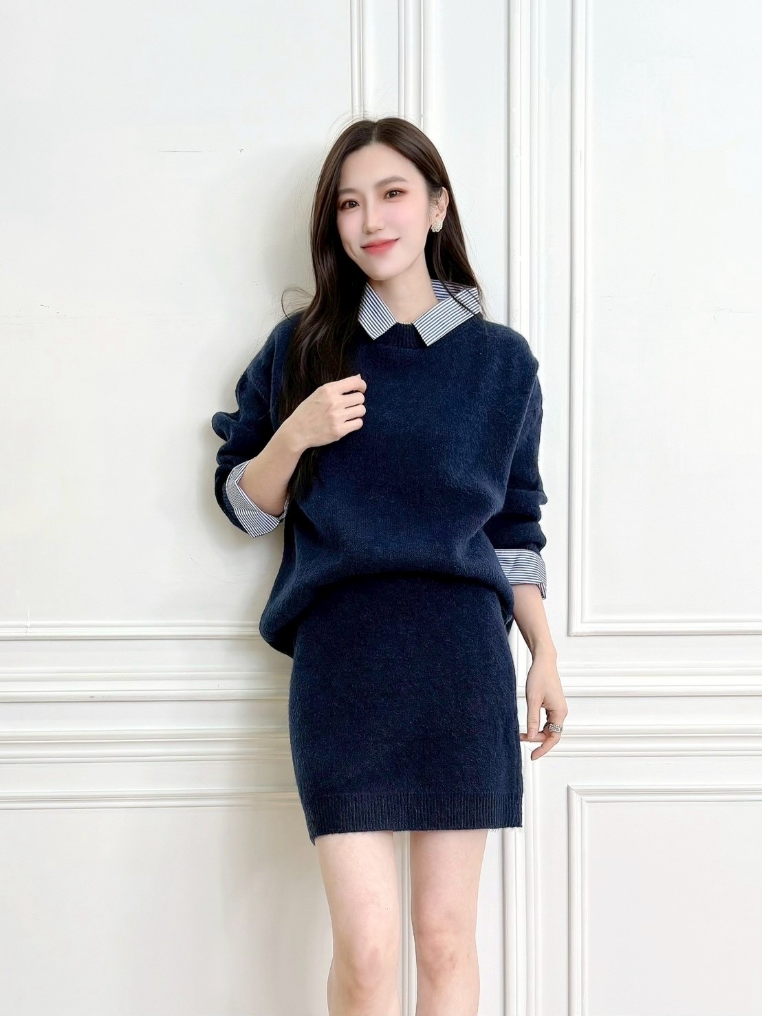 條紋襯衫領針織短裙SET